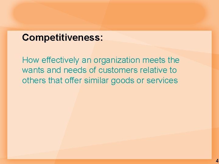 Competitiveness: How effectively an organization meets the wants and needs of customers relative to Competitiveness: How effectively an organization meets the wants and needs of customers relative to