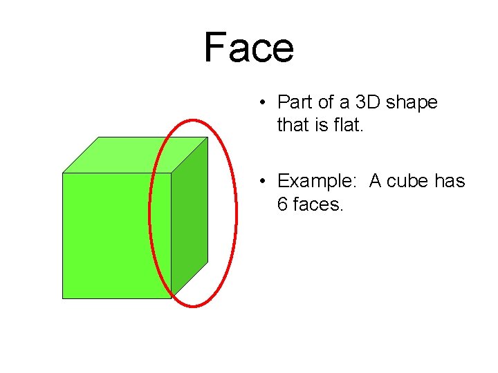 Face • Part of a 3 D shape that is flat. • Example: A