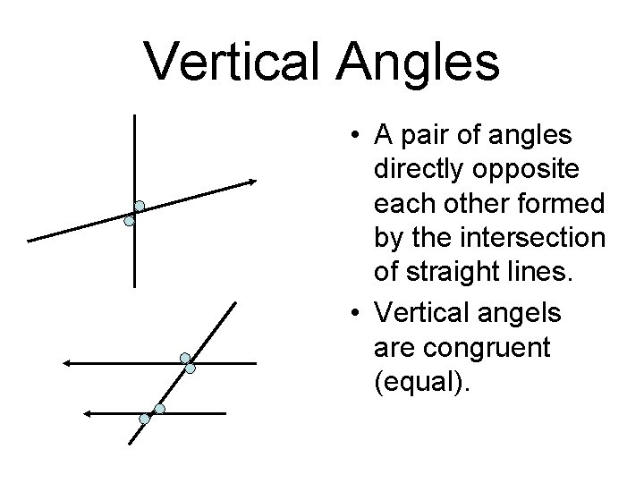 Vertical Angles • A pair of angles directly opposite each other formed by the