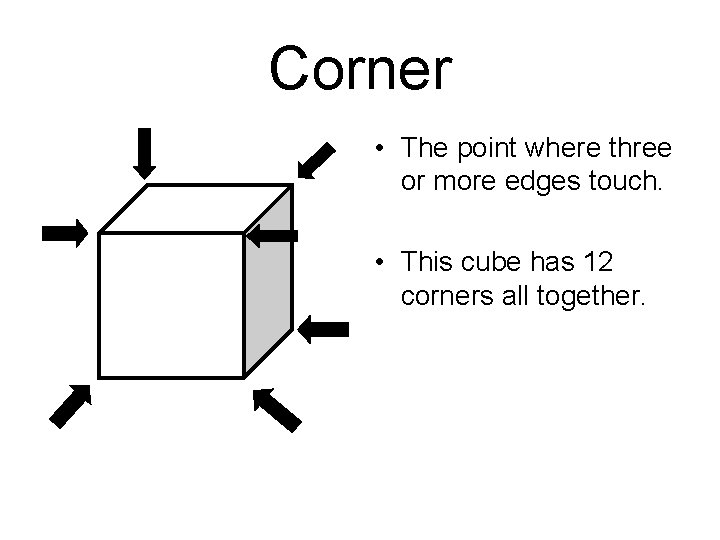 Corner • The point where three or more edges touch. • This cube has