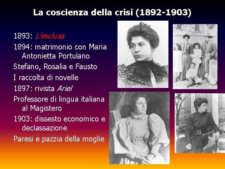 La coscienza della crisi (1892 -1903) 1893: L’esclusa 1894: matrimonio con Maria Antonietta Portulano