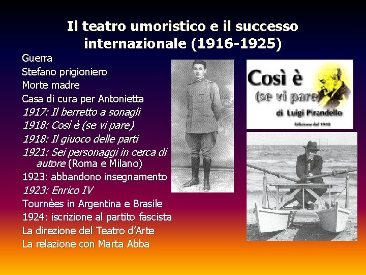 Il teatro umoristico e il successo internazionale (1916 -1925) Guerra Stefano prigioniero Morte madre