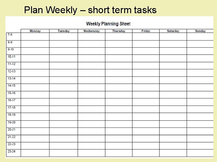 Plan Weekly – short term tasks 