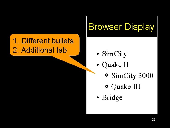 Browser Display 1. Different bullets 2. Additional tab • Sim. City • Quake II