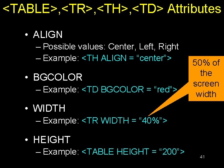 <TABLE>, <TR>, <TH>, <TD> Attributes • ALIGN – Possible values: Center, Left, Right –