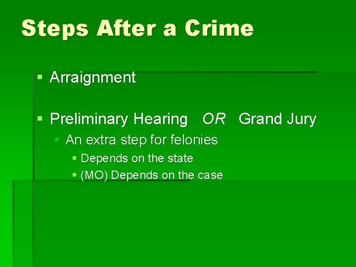 Steps After a Crime § Arraignment § Preliminary Hearing OR Grand Jury § An