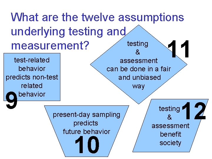 What are the twelve assumptions underlying testing and testing measurement? & 11 test-related behavior