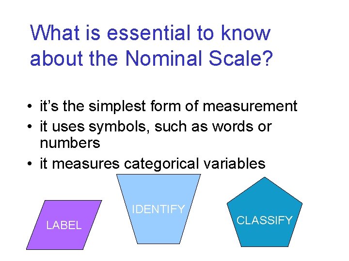 What is essential to know about the Nominal Scale? • it’s the simplest form