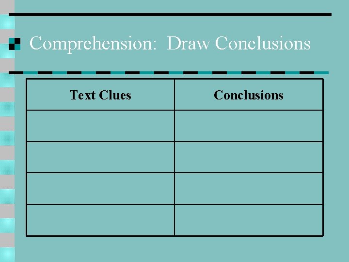 Comprehension: Draw Conclusions Text Clues Conclusions 