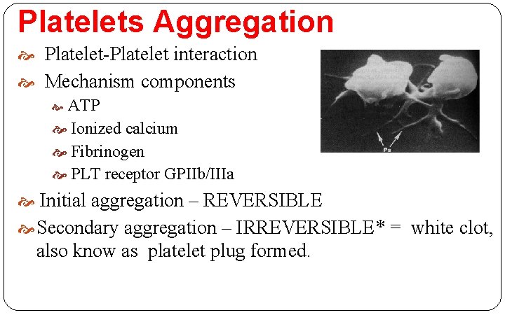 Platelets Aggregation Platelet-Platelet interaction Mechanism components ATP Ionized calcium Fibrinogen PLT receptor GPIIb/IIIa Initial