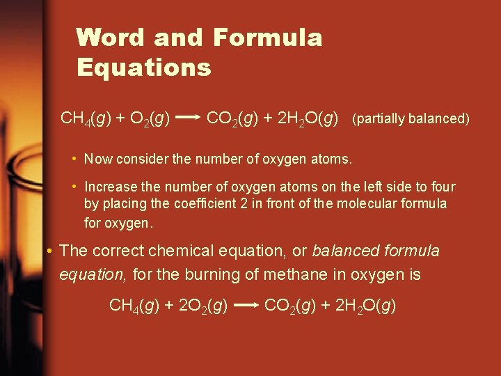 Word and Formula Equations CH 4(g) + O 2(g) CO 2(g) + 2 H