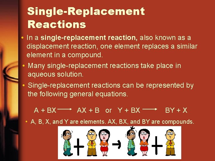 Single-Replacement Reactions • In a single-replacement reaction, also known as a displacement reaction, one