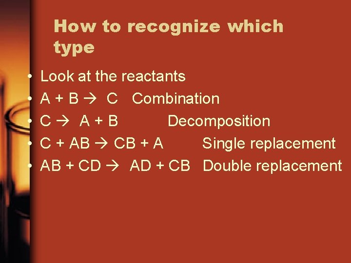 How to recognize which type • • • Look at the reactants A +