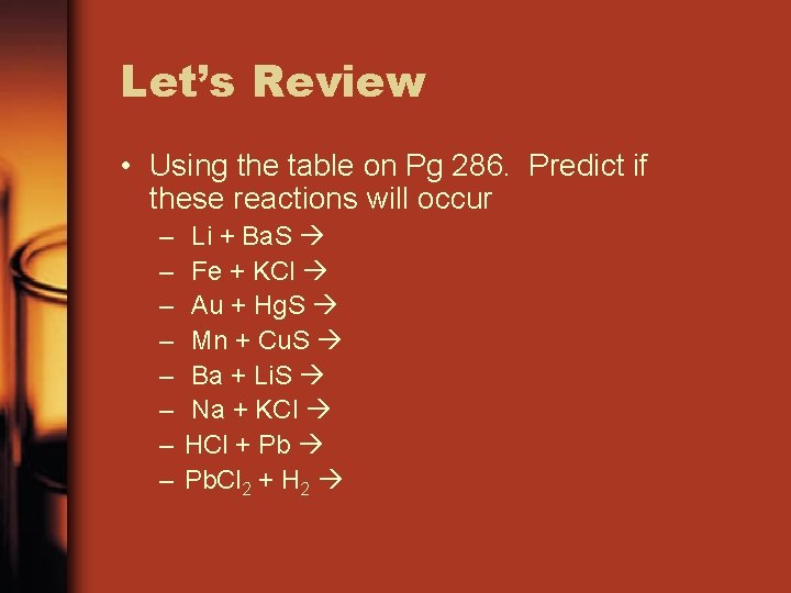 Let’s Review • Using the table on Pg 286. Predict if these reactions will