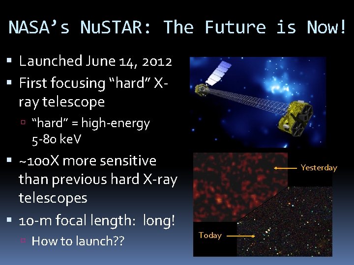 NASA’s Nu. STAR: The Future is Now! Launched June 14, 2012 First focusing “hard”