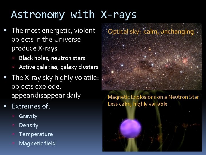 Astronomy with X-rays The most energetic, violent objects in the Universe produce X-rays Optical