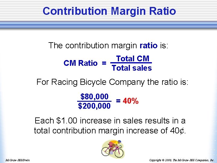 Contribution Margin Ratio The contribution margin ratio is: Total CM CM Ratio = Total