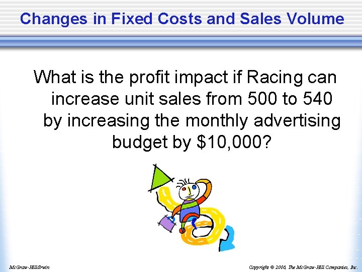 Changes in Fixed Costs and Sales Volume What is the profit impact if Racing