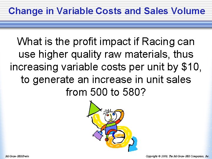 Change in Variable Costs and Sales Volume What is the profit impact if Racing