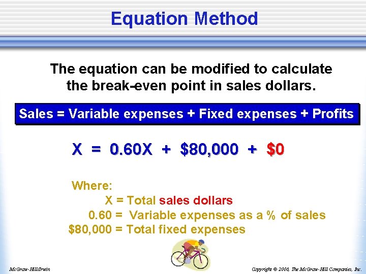 Equation Method The equation can be modified to calculate the break-even point in sales