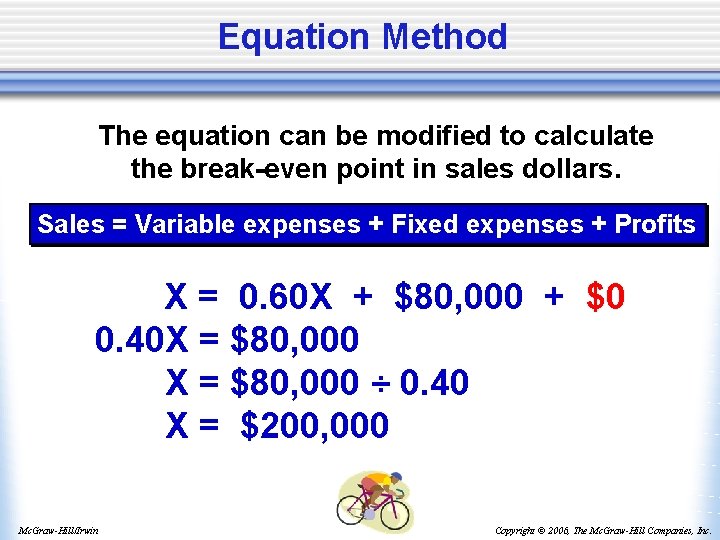 Equation Method The equation can be modified to calculate the break-even point in sales