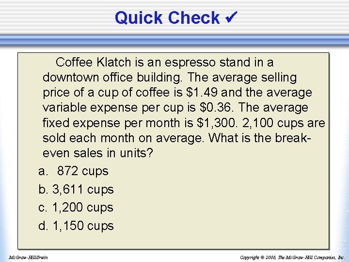 Quick Check Coffee Klatch is an espresso stand in a downtown office building. The