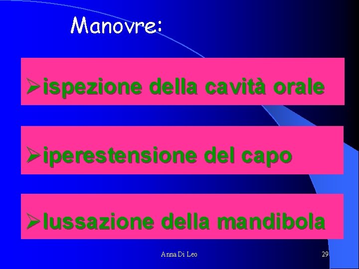 Manovre: Øispezione della cavità orale Øiperestensione del capo Ølussazione della mandibola Anna Di Leo