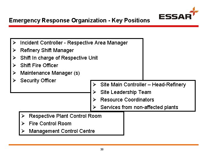 Emergency Response Organization - Key Positions Ø Ø Ø Incident Controller - Respective Area