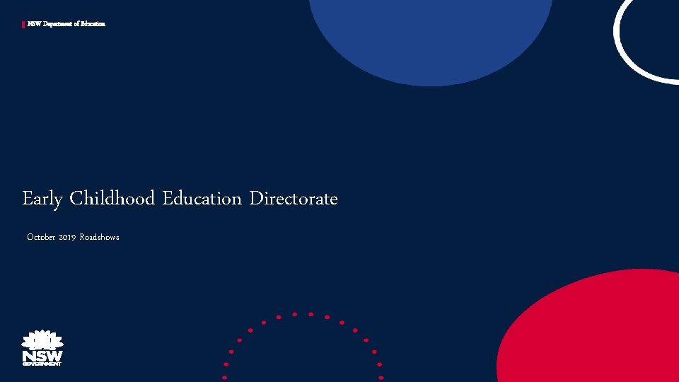 NSW Department of Education Early Childhood Education Directorate October 2019 Roadshows 