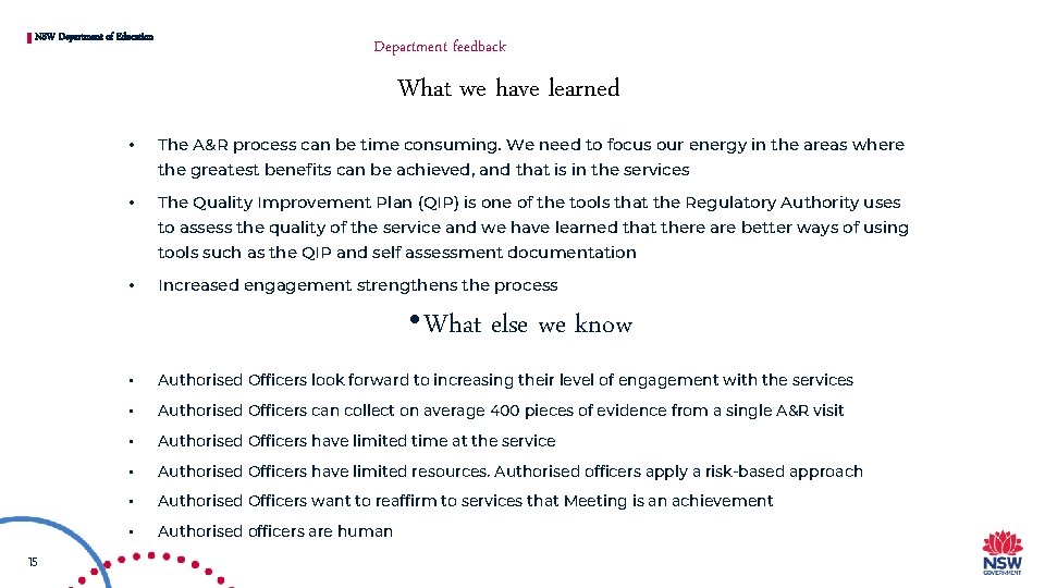 NSW Department of Education Department feedback What we have learned • The A&R process NSW Department of Education Department feedback What we have learned • The A&R process