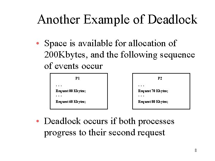 Another Example of Deadlock • Space is available for allocation of 200 Kbytes, and