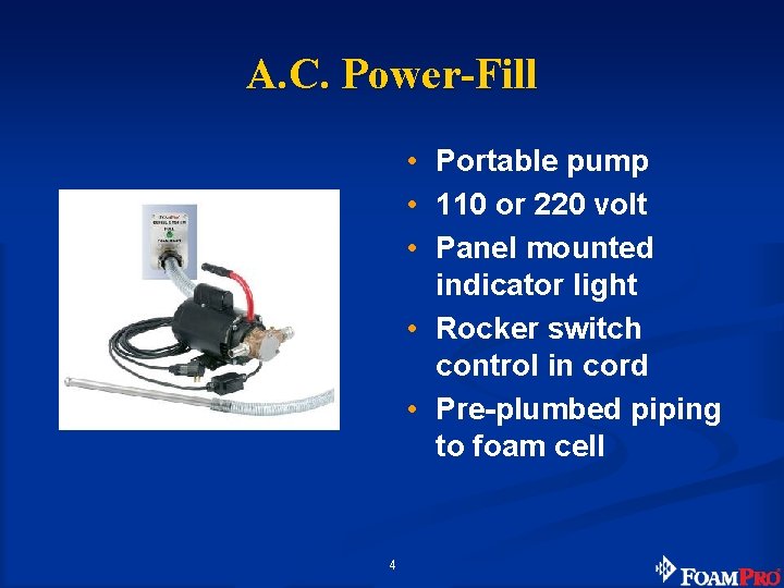 A. C. Power-Fill • Portable pump • 110 or 220 volt • Panel mounted