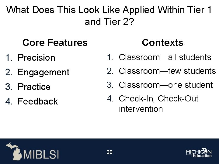 What Does This Look Like Applied Within Tier 1 and Tier 2? Core Features