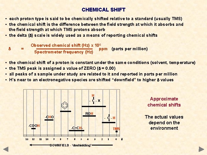 CHEMICAL SHIFT • each proton type is said to be chemically shifted relative to CHEMICAL SHIFT • each proton type is said to be chemically shifted relative to