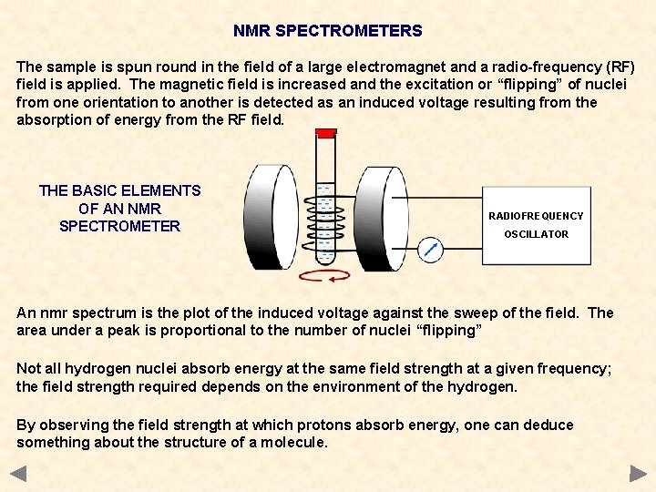 NMR SPECTROMETERS The sample is spun round in the field of a large electromagnet NMR SPECTROMETERS The sample is spun round in the field of a large electromagnet
