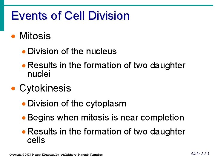 Events of Cell Division · Mitosis · Division of the nucleus · Results in