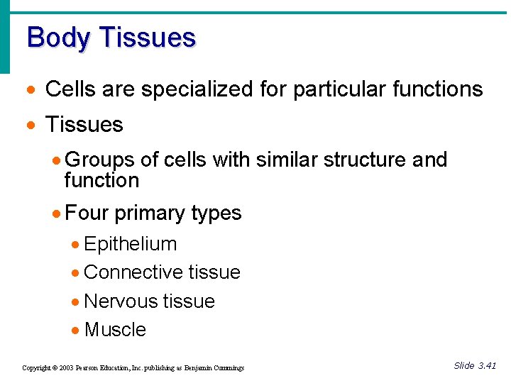 Body Tissues · Cells are specialized for particular functions · Tissues · Groups of