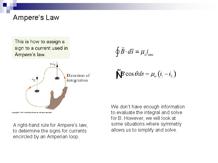 Ampere’s Law A right-hand rule for Ampere’s law, to determine the signs for currents