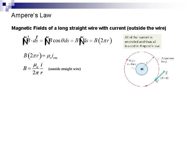 Ampere’s Law Magnetic Fields of a long straight wire with current (outside the wire)