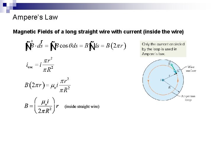 Ampere’s Law Magnetic Fields of a long straight wire with current (inside the wire)