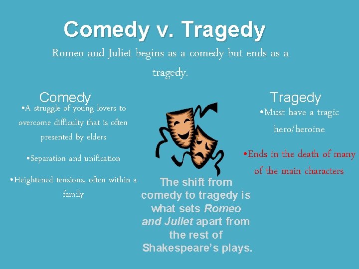 Comedy v. Tragedy Romeo and Juliet begins as a comedy but ends as a