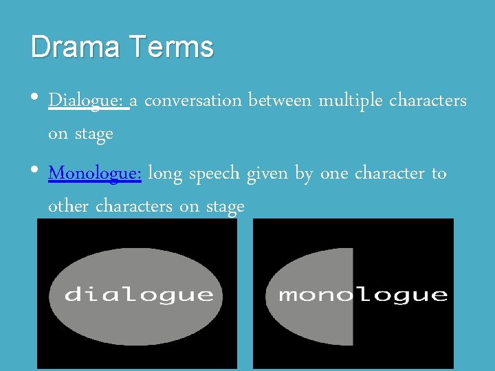 Drama Terms • Dialogue: a conversation between multiple characters on stage • Monologue: long