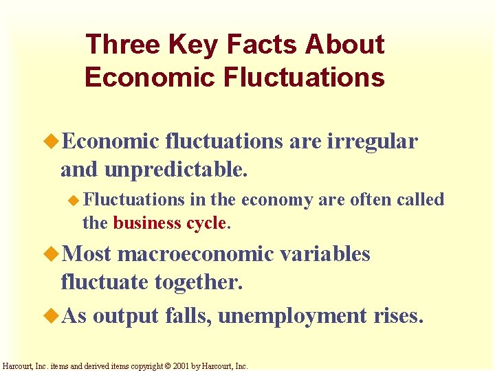 Three Key Facts About Economic Fluctuations u. Economic fluctuations are irregular and unpredictable. u