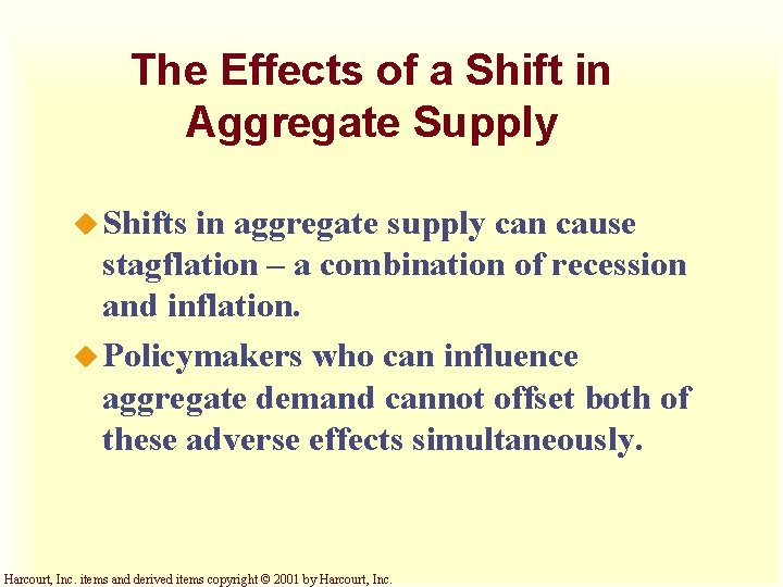 The Effects of a Shift in Aggregate Supply u Shifts in aggregate supply can