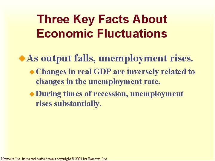 Three Key Facts About Economic Fluctuations u. As output falls, unemployment rises. u Changes