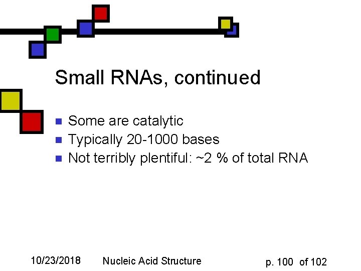 Small RNAs, continued n n n Some are catalytic Typically 20 -1000 bases Not