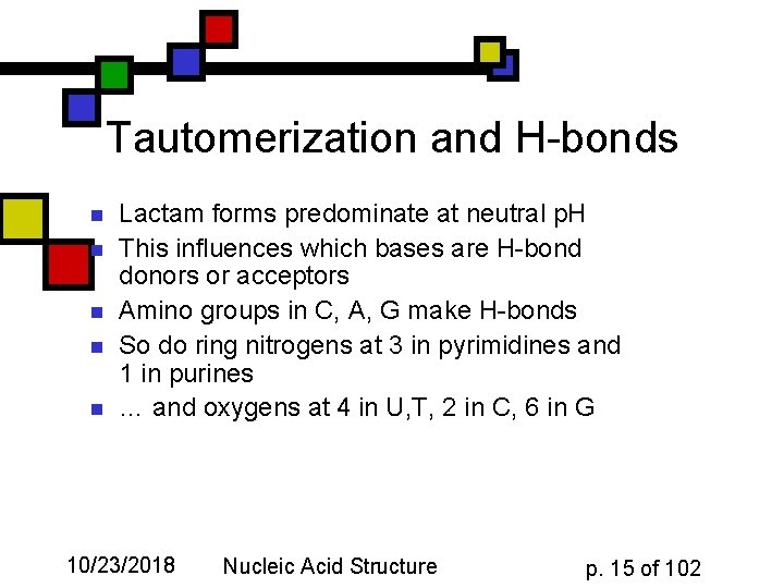 Tautomerization and H-bonds n n n Lactam forms predominate at neutral p. H This