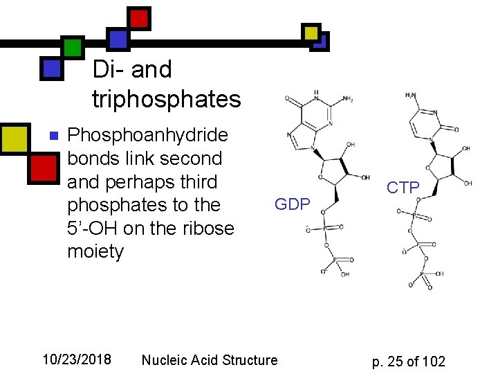 Di- and triphosphates n Phosphoanhydride bonds link second and perhaps third phosphates to the