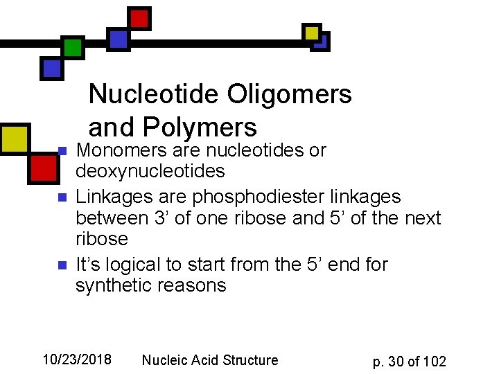Nucleotide Oligomers and Polymers n n n Monomers are nucleotides or deoxynucleotides Linkages are