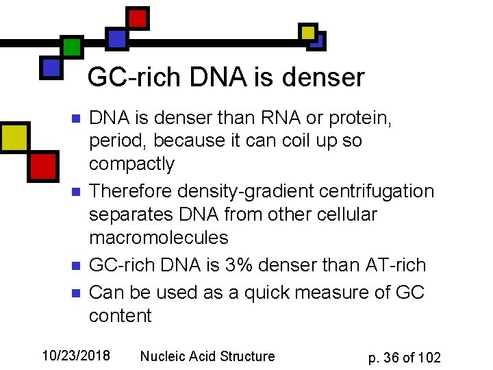 GC-rich DNA is denser n n DNA is denser than RNA or protein, period,